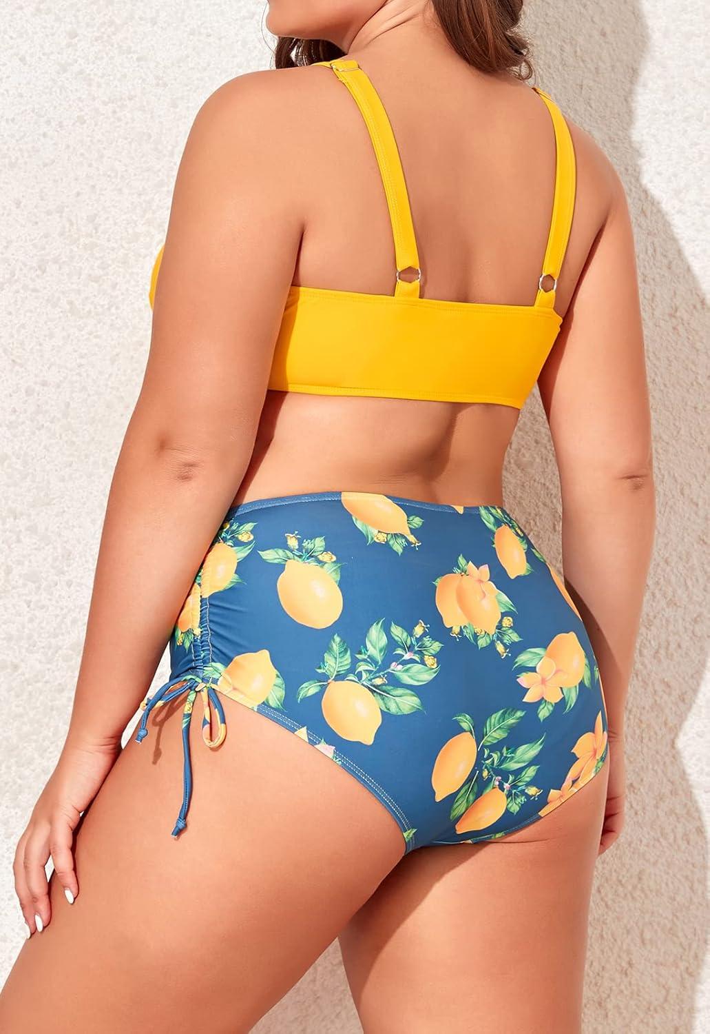 imageEomenie Womens Plus Size Two Piece Swimsuit Lace Up Bathing Suits V Neck Swimwear Drawstring Bikini SetYellow