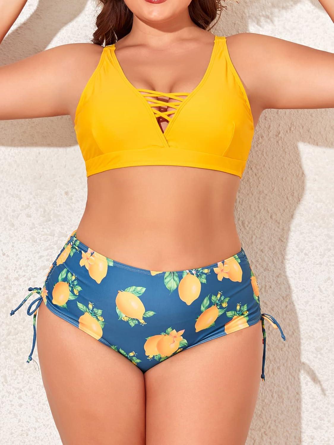 imageEomenie Womens Plus Size Two Piece Swimsuit Lace Up Bathing Suits V Neck Swimwear Drawstring Bikini SetYellow