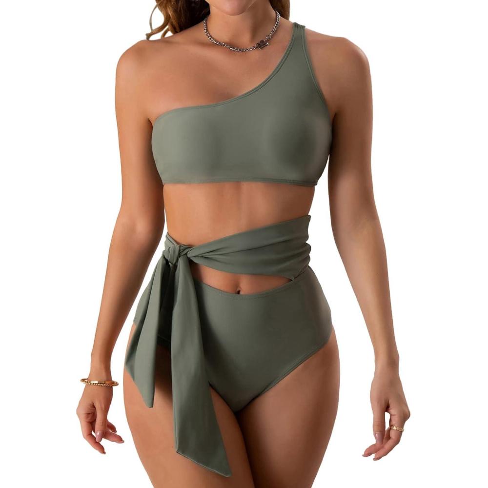 imageEomenie Tummy Control Two Piece Bathing Suits for Women One Shoulder 2 Piece Swimsuit Tie Side High Waisted Bikini