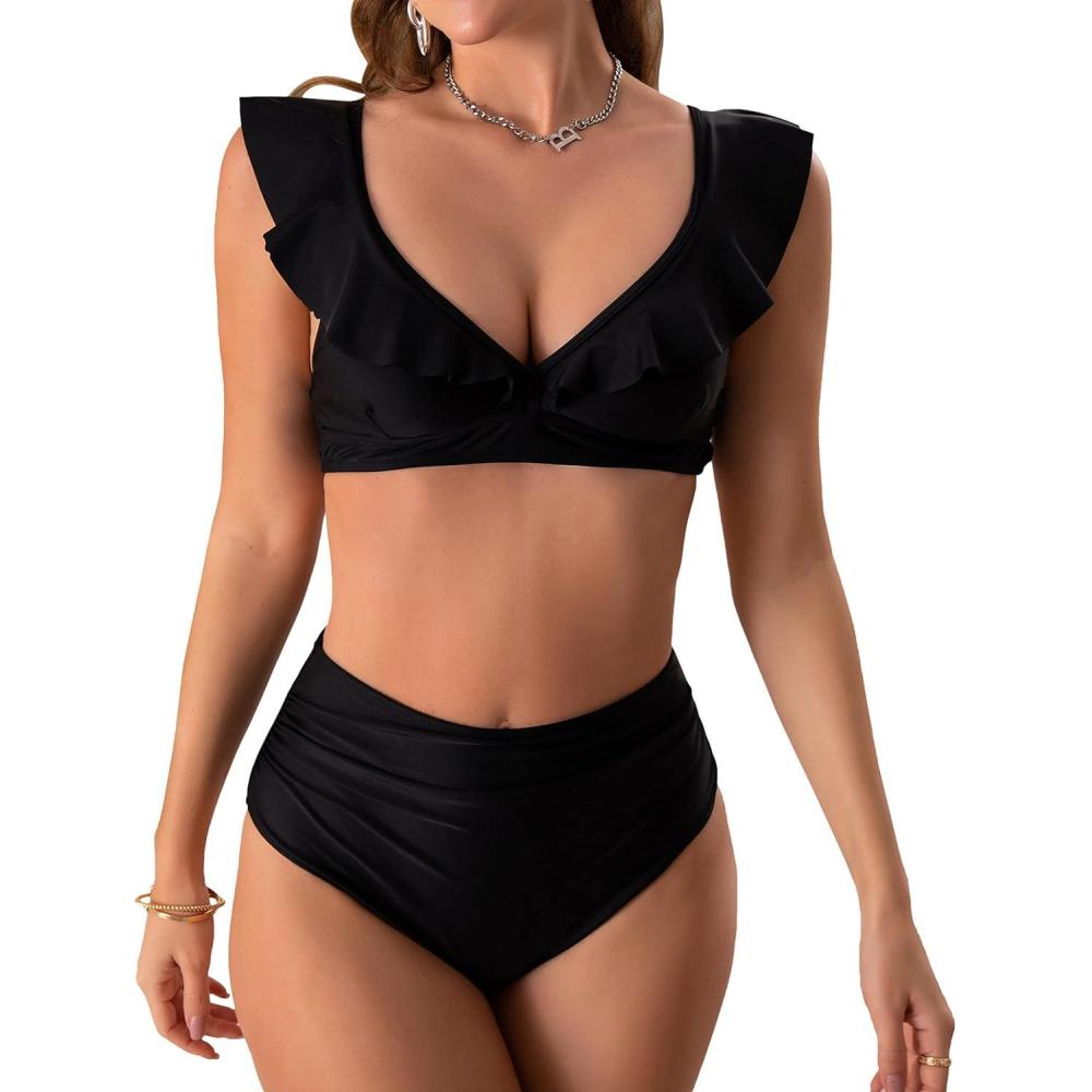 imageEomenie Women Ruffle High Waist Swimsuits Two Piece Lace Up Bathing Suit 2 Piece VNeck Swimwear Tropical Print Bikini