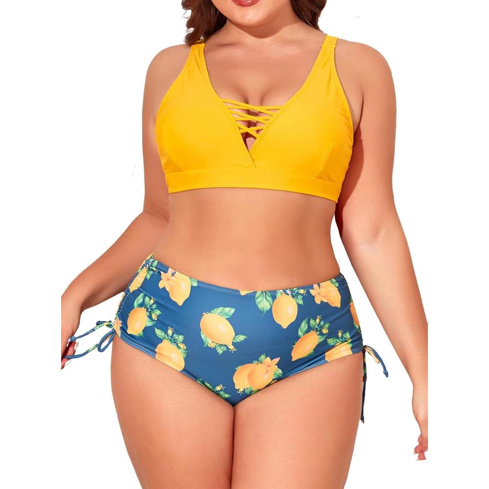 imageEomenie Womens Plus Size Two Piece Swimsuit Lace Up Bathing Suits V Neck Swimwear Drawstring Bikini SetYellow