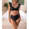 imageEomenie Women Ruffle High Waist Swimsuits Two Piece Lace Up Bathing Suit 2 Piece VNeck Swimwear Tropical Print Bikini