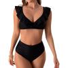 imageEomenie Women Ruffle High Waist Swimsuits Two Piece Lace Up Bathing Suit 2 Piece VNeck Swimwear Tropical Print Bikini