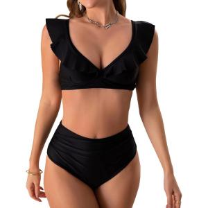 imageEomenie Women Ruffle High Waist Swimsuits Two Piece Lace Up Bathing Suit 2 Piece VNeck Swimwear Tropical Print Bikini