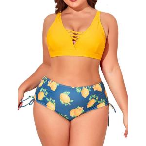 imageEomenie Womens Plus Size Two Piece Swimsuit Lace Up Bathing Suits V Neck Swimwear Drawstring Bikini SetYellow