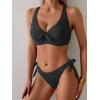 imageEomenie Bikini Set for Women Two Piece Swimsuits Knot Tie V Neck Cross Back Top Mid Rise Lace up Bathing Suit SwimwearBlack