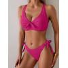 imageEomenie Bikini Set for Women Two Piece Swimsuits Knot Tie V Neck Cross Back Top Mid Rise Lace up Bathing Suit SwimwearHot Pink