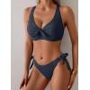 imageEomenie Bikini Set for Women Two Piece Swimsuits Knot Tie V Neck Cross Back Top Mid Rise Lace up Bathing Suit SwimwearNavy Blue