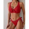 imageEomenie Bikini Set for Women Two Piece Swimsuits Knot Tie V Neck Cross Back Top Mid Rise Lace up Bathing Suit SwimwearRed