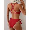 imageEomenie Bikini Set for Women Two Piece Swimsuits Knot Tie V Neck Cross Back Top Mid Rise Lace up Bathing Suit SwimwearRed