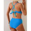 imageEomenie Bikini Sets for Women Color Block Two Piece Bathing Suit V Neck Tie Back SwimsuitBlue and Aquacross Back
