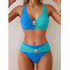 imageEomenie Bikini Sets for Women Color Block Two Piece Bathing Suit V Neck Tie Back SwimsuitBlue and Aquacross Back
