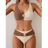 imageEomenie Bikini Sets for Women Color Block Two Piece Bathing Suit V Neck Tie Back SwimsuitBrown Beige Bcross Back