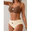 imageEomenie Bikini Sets for Women Color Block Two Piece Bathing Suit V Neck Tie Back SwimsuitBrown Beigea