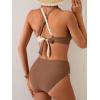 imageEomenie Bikini Sets for Women Color Block Two Piece Bathing Suit V Neck Tie Back SwimsuitBrown Creamcross Back