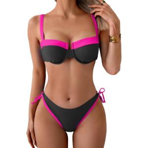 imageEomenie Bikini Set for Women Underwire Push Up Two Piece Bathing Suit Color Block Swimsuit SwimwearBlack Hot Pink