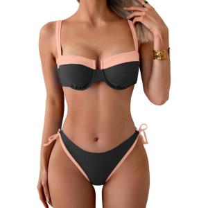 imageEomenie Bikini Set for Women Underwire Push Up Two Piece Bathing Suit Color Block Swimsuit SwimwearBlack Pink
