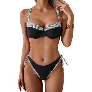 imageEomenie Bikini Set for Women Underwire Push Up Two Piece Bathing Suit Color Block Swimsuit SwimwearBlack Striped