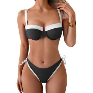 imageEomenie Bikini Set for Women Underwire Push Up Two Piece Bathing Suit Color Block Swimsuit SwimwearBlack White
