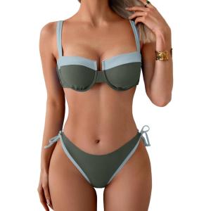 imageEomenie Bikini Set for Women Underwire Push Up Two Piece Bathing Suit Color Block Swimsuit SwimwearGreen Color Block