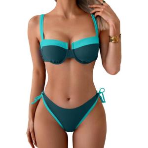 imageEomenie Bikini Set for Women Underwire Push Up Two Piece Bathing Suit Color Block Swimsuit SwimwearPeacock Green Blue
