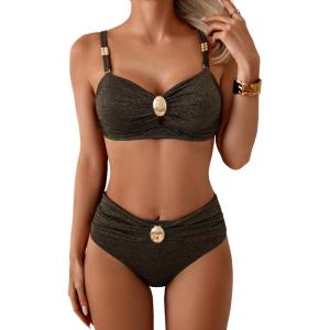 imageEomenie Bikini Sets for Women Color Block Two Piece Bathing Suit V Neck Tie Back SwimsuitBlack Gold