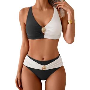 imageEomenie Bikini Sets for Women Color Block Two Piece Bathing Suit V Neck Tie Back SwimsuitBlack and Whitecross Back