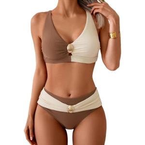 imageEomenie Bikini Sets for Women Color Block Two Piece Bathing Suit V Neck Tie Back SwimsuitBrown Beige Across Back