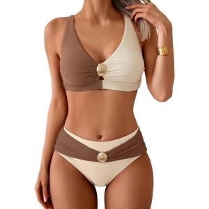 imageEomenie Bikini Sets for Women Color Block Two Piece Bathing Suit V Neck Tie Back SwimsuitBrown Beige Bcross Back