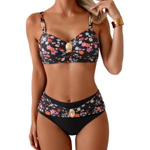imageEomenie Bikini Sets for Women Color Block Two Piece Bathing Suit V Neck Tie Back SwimsuitFloral Fragments