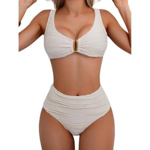 imageEomenie Bikini Sets for Women High Waisted Two Piece Bathing Suit U Wired V Neck Swimsuit Adjustable Straps SwimwearBeige