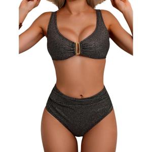imageEomenie Bikini Sets for Women High Waisted Two Piece Bathing Suit U Wired V Neck Swimsuit Adjustable Straps SwimwearBlack B