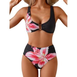 imageEomenie Bikini Sets for Women High Waisted Two Piece Bathing Suit U Wired V Neck Swimsuit Adjustable Straps SwimwearBlack Floral
