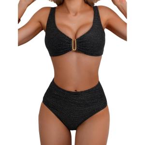 imageEomenie Bikini Sets for Women High Waisted Two Piece Bathing Suit U Wired V Neck Swimsuit Adjustable Straps SwimwearBlack Ribbed D