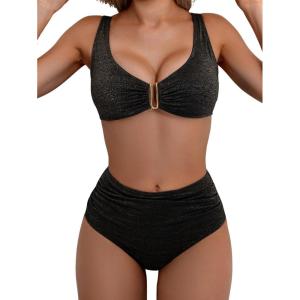 imageEomenie Bikini Sets for Women High Waisted Two Piece Bathing Suit U Wired V Neck Swimsuit Adjustable Straps SwimwearBlack a