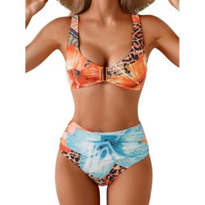 imageEomenie Bikini Sets for Women High Waisted Two Piece Bathing Suit U Wired V Neck Swimsuit Adjustable Straps SwimwearBlue Floral