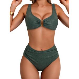 imageEomenie Bikini Sets for Women High Waisted Two Piece Bathing Suit U Wired V Neck Swimsuit Adjustable Straps SwimwearDark Green B