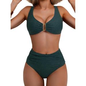 imageEomenie Bikini Sets for Women High Waisted Two Piece Bathing Suit U Wired V Neck Swimsuit Adjustable Straps SwimwearDark Green Ribbed D