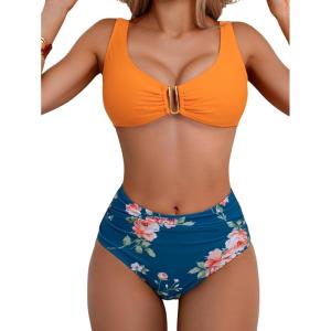 imageEomenie Bikini Sets for Women High Waisted Two Piece Bathing Suit U Wired V Neck Swimsuit Adjustable Straps SwimwearOrange Blue Floral