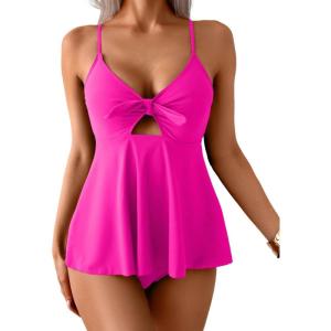 imageEomenie Two Piece Tankini Swimsuits for Women Tummy Control Cutout Bathing Suit Tie Knot Flowy Swim Dress with BottomHot Pink