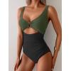 imageEomenie Womens One Piece Swimsuit Tummy Control Ruched Bathing Suit Cutout V Neck Swimwear High Cut Tie Back Swim SuitArmy Green  Black