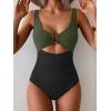 imageEomenie Womens One Piece Swimsuit Tummy Control Ruched Bathing Suit Cutout V Neck Swimwear High Cut Tie Back Swim SuitArmy Green  Black