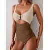 imageEomenie Womens One Piece Swimsuit Tummy Control Ruched Bathing Suit Cutout V Neck Swimwear High Cut Tie Back Swim SuitBeige Color Block