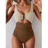 imageEomenie Womens One Piece Swimsuit Tummy Control Ruched Bathing Suit Cutout V Neck Swimwear High Cut Tie Back Swim SuitBeige Color Block