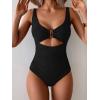 imageEomenie Womens One Piece Swimsuit Tummy Control Ruched Bathing Suit Cutout V Neck Swimwear High Cut Tie Back Swim SuitBlack