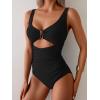 imageEomenie Womens One Piece Swimsuit Tummy Control Ruched Bathing Suit Cutout V Neck Swimwear High Cut Tie Back Swim SuitBlack