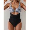 imageEomenie Womens One Piece Swimsuit Tummy Control Ruched Bathing Suit Cutout V Neck Swimwear High Cut Tie Back Swim SuitBlack Check Print