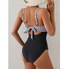 imageEomenie Womens One Piece Swimsuit Tummy Control Ruched Bathing Suit Cutout V Neck Swimwear High Cut Tie Back Swim SuitBlack Check Print