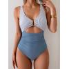 imageEomenie Womens One Piece Swimsuit Tummy Control Ruched Bathing Suit Cutout V Neck Swimwear High Cut Tie Back Swim SuitBlue Striped