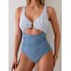 imageEomenie Womens One Piece Swimsuit Tummy Control Ruched Bathing Suit Cutout V Neck Swimwear High Cut Tie Back Swim SuitBlue Striped